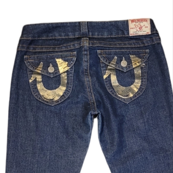 True Religion Becky Low Rise Boot Cut Jeans Dark Blue Gold Logo Print Like New - Picture 12 of 12